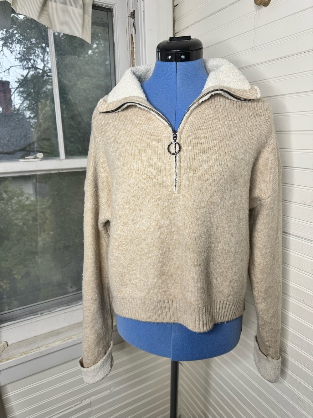 William Rast Beige Half-Zip Fleece-Lined Sweater